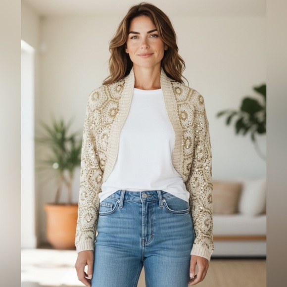 LN White House Black Market Cropped Embroidered Knit Sequin Open Cardigan Y2K - Picture 7 of 16